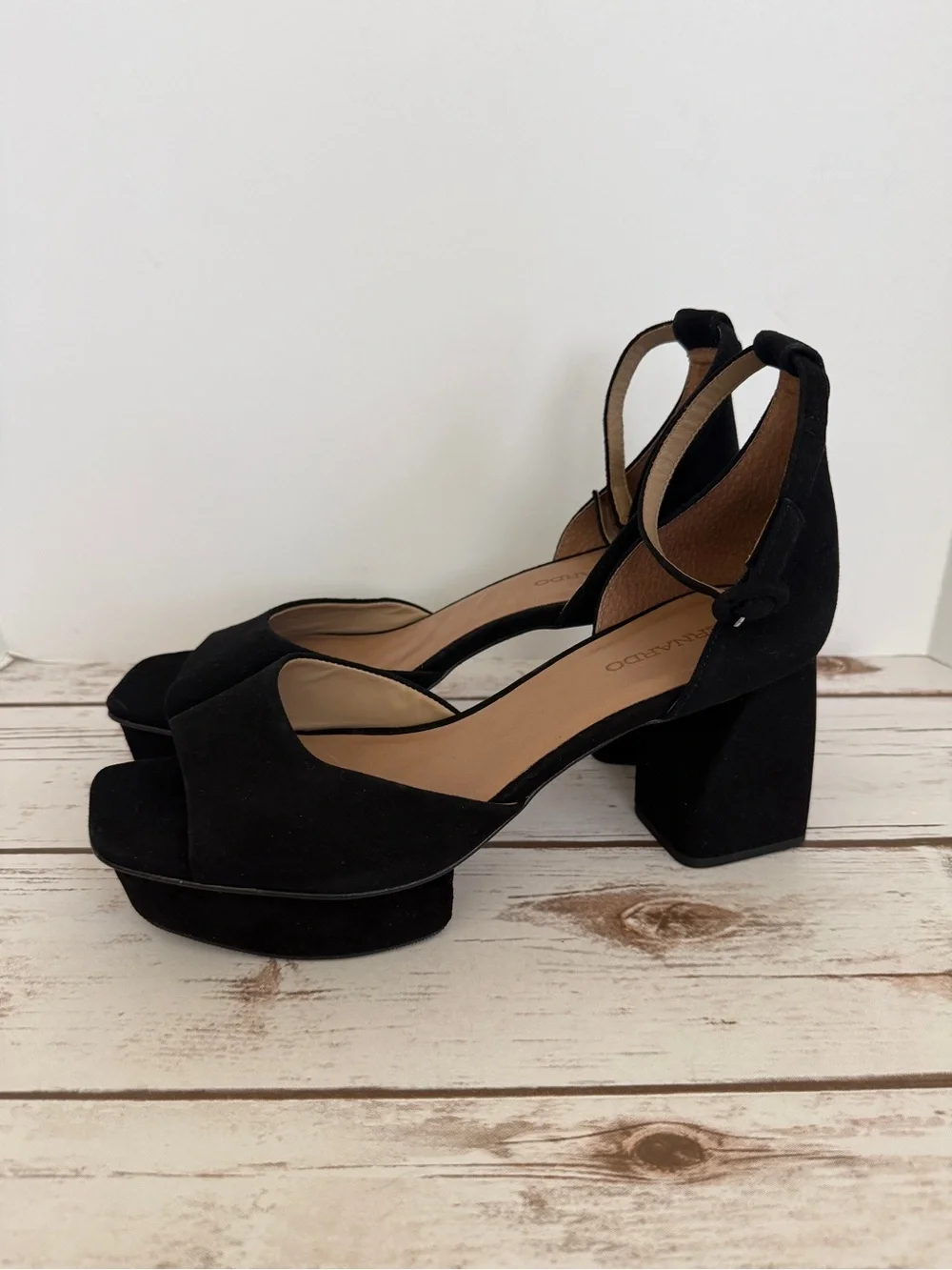 Bernardo Raleigh  Black Suede Platform Block Heel Ankle Strap Sandal